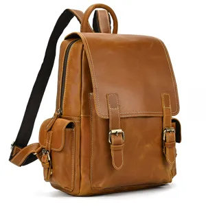 Vintage genuine leather backpack for men, 14 inch laptop rucksack, retro travel brown bag