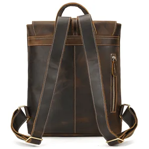 Vintage crazy horse leather men backpack for outdoor travel and 14 inch laptop back view.