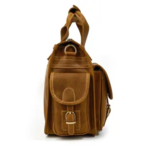 Men's Vintage Crazy Horse Leather Briefcase Multi-Pocket Side View Detail Display