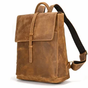 Vintage crazy horse leather men backpack retro casual outdoor travel 14 inch laptop bag