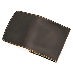 Vintage crazy horse leather wallet detail, retro brown coin purse and card holder design.