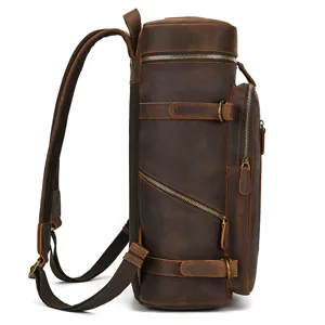 Zaino vintage in vera pelle cavallo pazzo vista laterale con ferramenta resistente e scomparti.
