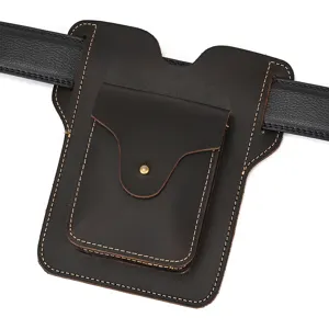 Vintage genuine leather phone waist bag for men, belt pouch holster for outdoor sports and daily use.