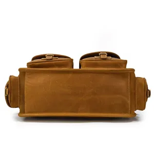 Men's vintage crazy horse leather briefcase, multi-pocket messenger bag, bottom detail view.
