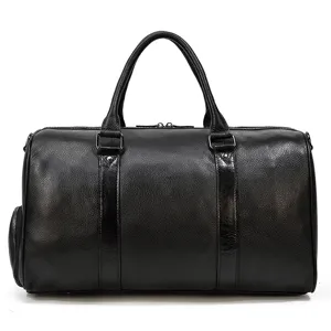Black leather travel duffel bag for men, premium cowhide gym bag with spacious interior.