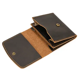Genuine leather retro crazy horse coin purse and short wallet with snap button and card slots.