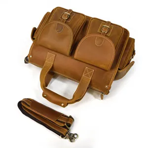 Men's vintage crazy horse leather briefcase multi-pocket business laptop shoulder bag
