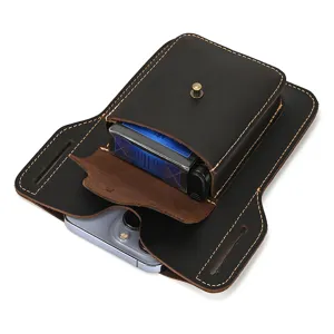 Vintage crazy horse leather phone waist belt pouch multi-function cigarette holster bag