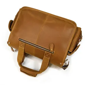 Men vintage crazy horse leather briefcase shoulder bag, multi-pocket genuine leather laptop handbag.