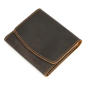 Vintage Genuine Leather Coin Purse Retro Crazy Horse Leather Short Wallet Card Holder With Snap Closure For Unisex
