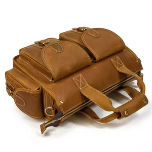 Detailed view of men vintage crazy horse leather multi-pocket briefcase and handbag.