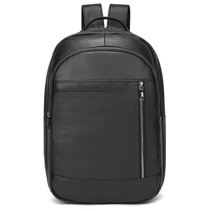 Close-up details of black genuine leather business laptop backpack with smooth zippers and texture.