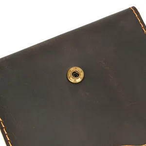 Close up of retro brown crazy horse leather wallet detail, vintage snap button coin card pouch.