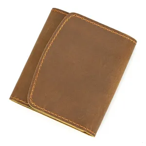 Vintage brown crazy horse leather wallet detail, retro short card holder and coin purse.
