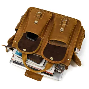 Men vintage crazy horse leather briefcase multi pocket business laptop bag capacity detail