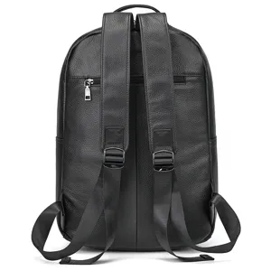 Detailed view of the black genuine leather business backpack showing back straps and hardware.