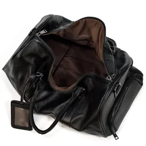 Men's black leather travel duffel bag, large capacity overnight gym luggage bag.