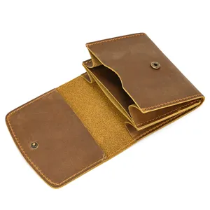 Retro genuine leather card holder and coin purse with snap closure and multi-compartment.