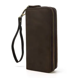 Cartera larga vintage para hombre de cuero con doble cremallera y correa de muñeca.