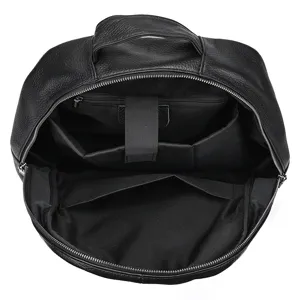 Men black leather backpack detail interior view with laptop compartment and zipper pockets.