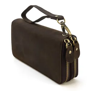 Monedero largo de cuero vintage para hombre, bolso de mano con doble cremallera y asa.