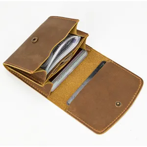 Genuine leather card wallet vintage crazy horse coin pouch brown snap closure detail