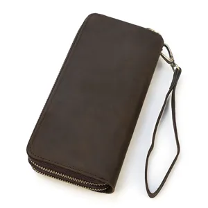Monedero largo vintage de cuero auténtico para hombre bolso de mano con doble cremallera detalle.