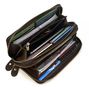 Cartera larga de cuero genuino para hombre doble cremallera vintage marrón tarjetero bolso
