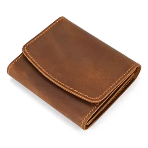 Vintage crazy horse leather trifold wallet, brown short card holder with snap closure detail.