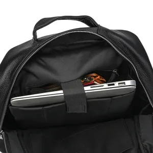 Men business leather backpack interior detail shot, large capacity laptop compartment bag