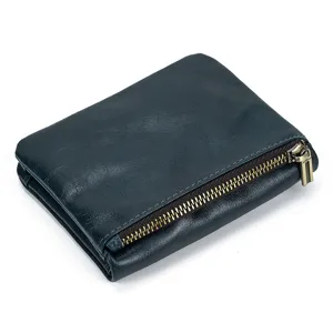Men leather wallet vintage short bifold wallet with zipper coin pocket stylish dark grey