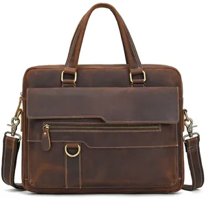 Close-up detail view of genuine crazy horse leather briefcase showing metal hardware and texture.