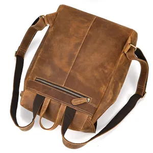 Vintage genuine crazy horse leather backpack detail view, unisex casual travel bag for daily use.