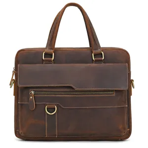 Vintage crazy horse leather briefcase 15 inch laptop shoulder bag for men business commute.
