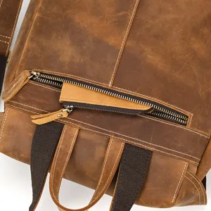Close-up detail of retro crazy horse leather backpack with metal zippers and strong straps.