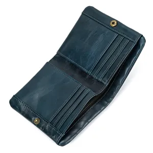 Men's leather vertical wallet interior view showing multiple card slots and snap button.