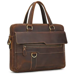 Close-up detail of the brown leather briefcase showing premium metal hardware and zipper.
