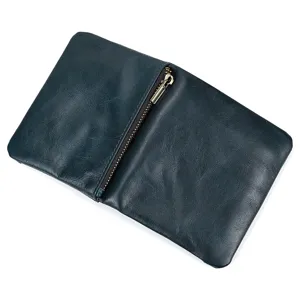 Detail view of genuine leather vintage men wallet with cross diagonal zipper pocket dark blue