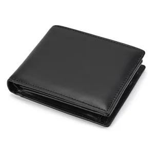 Close up detail view of a premium black leather bifold wallet with neat fine stitching.