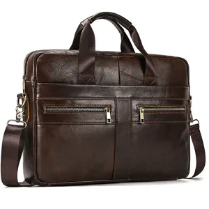 Mens genuine leather business briefcase laptop bag casual shoulder messenger bag brown