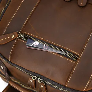 Vintage crazy horse leather men backpack detail view, multi-pocket retro cowhide bookbag.