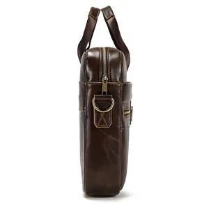 Side detail view of a dark brown genuine leather business briefcase with sturdy metal hardware.