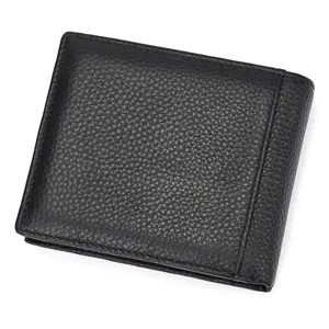 Men's genuine leather vertical wallet black classic bifold card holder detailed view.
