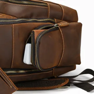 Leather backpack pocket and zipper detail close-up showing vintage crazy horse cowhide texture.