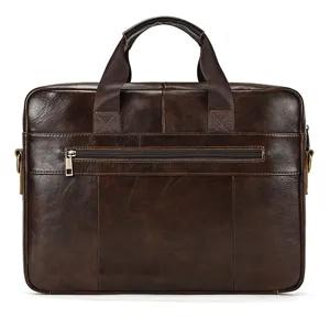 Detail view of brown genuine leather men business briefcase laptop shoulder bag with dual handles.