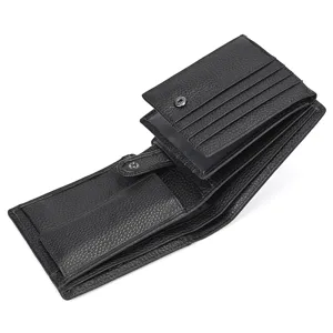 Men's RFID genuine leather vertical wallet detail view showcasing multi-card slots and coin pocket.