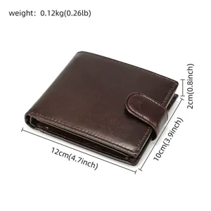 Men's leather wallet detail showing compact vintage cowhide design with multi-card slots and dimensions.