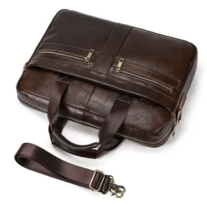 Men's genuine leather briefcase, dark brown laptop bag with zipper pockets and shoulder strap.