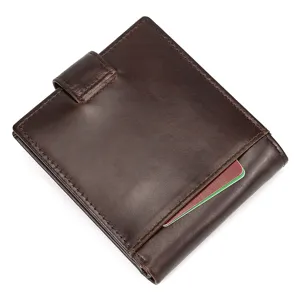 Mens vintage brown leather vertical wallet with card slots and snap closure detail.
