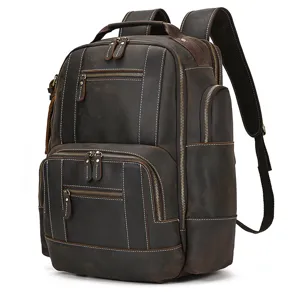 Men's vintage crazy horse genuine leather backpack with multi pockets for travel business